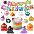 Halloween party decoration set including Happy Halloween banners, hanging swirls, and cake topper. - Party Decoration 4-Piece Set / 1 Set