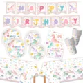 Set da tavola per festa di compleanno con unicorno arcobaleno, piatti e bicchieri di carta. - Stile a 6 Pezzi (Unicorno Macaron) / Set Stoviglie + Tovaglia + Banner