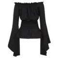 Camicetta nera con spalle scoperte, maniche lunghe, vita smockata e campana variante. - XS / Nero