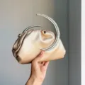 Exquisite details of the satin crescent rhinestone evening bag, elegant and luxurious. - Champagne