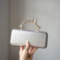 Silver leather evening clutch bag with unique gold branch metal handle for women party wedding. - Silver