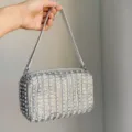 Sparkling rhinestone shoulder bag, luxury crystal box handbag for women evening party. - Silver
