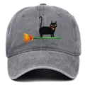 Vintage washed black cat embroidered baseball cap, casual distressed dad hat for men and women - One Size / Gray
