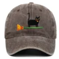 Vintage washed baseball cap featuring cute black cat embroidery, casual sun hat for daily wear. - One Size / Coffee
