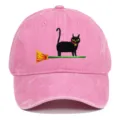 Vintage washed pink baseball cap featuring cute black cat embroidery, casual sun hat. - One Size / Pink