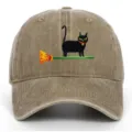 Vintage washed cotton baseball cap with cute black cat broom embroidery for daily sun protection. - One Size / Khaki