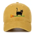 Vintage washed black cat embroidery baseball cap, casual unisex sun hat for outdoor wear. - One Size / Yellow