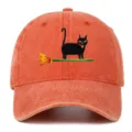 Retro washed orange baseball cap featuring cute black cat embroidery detail, casual sun prot. - One Size / Orange