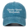 Close-up detail of the embroidered lettering on the front of the vintage washed blue baseball cap. - One Size / Lake Blue