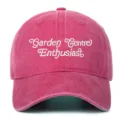 Detailed view of the pink vintage washed baseball cap featuring white embroidered text. - One Size / Rose Red