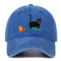Vintage washed blue baseball cap with cute black cat and broom embroidery design. - One Size / Dark Blue