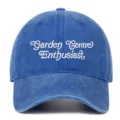 Vintage washed embroidered baseball cap featuring Garden Centre Enthusiast front design view. - One Size / Dark Blue