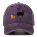 Vintage washed purple baseball cap with cute black cat and broom embroidery for daily wear. - One Size / Purple