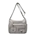 Grey multi-pocket soft leather shoulder bag casual crossbody bag for women daily use. - Gray