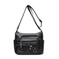 Black multi-pocket soft leather shoulder bag casual vintage crossbody bag for women main view - Black