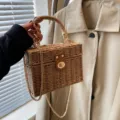 Borsa a mano a scatola in paglia intrecciata chic con catena in metallo per la spiaggia. - Kaki