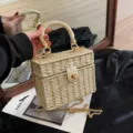Borsa a scatola in paglia intrecciata con manico e catena dorata, elegante borsa da spiaggia estiva. - Bianco avorio
