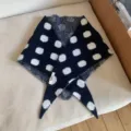 Black and white polka dot knitted triangle scarf, stylish cozy winter neck warmer for women. - Geometric Blue / Navy Blue