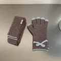 Brown blue striped knitted scarf and gloves set winter warm cute bow touchscreen gloves - Scarf and Glove Set / Coffee