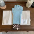 Light blue knit gloves with brown dotted cuffs, stylish winter warm thermal accessories. - Gloves / Coffee Blue