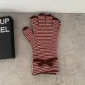 Guantes de punto a rayas rosa y marrón para mujer, otoño invierno bonito lazo diseño cálidos casuales. - Solo Guantes / Rojo Café