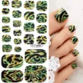 Autocollants d'ongles d'orteil imprimé animal feuille d'or vert, autocollant étanche pour fête. - Motif Feuille d'Or Vert Noir (FTT-26002)