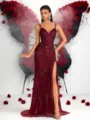 Vestido de noche largo de lentejuelas burdeos con escote en V profundo y abertura. - XS / Vestidos / Burdeos