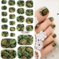 Stickers d'ongles d'orteils tropicaux feuilles vertes lignes dorées autocollants art - Feuilles Vertes Lignes d'Or (FTT-26006)