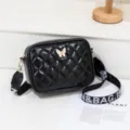 Fashion quilted camera bag for women with chic butterfly decor and wide strap, stylish crossbody. - Black