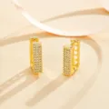 Gold geometric rectangle pavé cubic zirconia hoop earrings with delicate hollow heart side details. - Geometric Rectangular Ear Hoop (EH1304)
