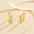 Detail view of luxury gold-plated geometric rectangle hoop earrings with sparkling cubic zirconia. - Geometric Rectangular Ear Hoop (EH1305)