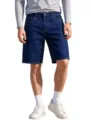 Vue détaillée de bermudas en denim coupe droite pour hommes, avec tissu durable et classique. - Bleu-noir