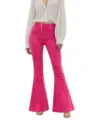 Detail view of vibrant hot pink flare jeans, high waist design and stretchy denim fabric. - S / Bottoms / Rose Red