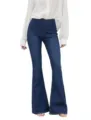 Women high waist dark blue denim flare pants, slim fit stretch bootcut jeans details. - S / Bottoms / Dark Blue