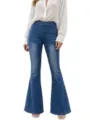 Detailed view of high waist stretch denim flare pants for women, classic blue slim fit style. - Medium Blue