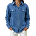 Damen blaue Jeanshemd Jacke, langarm Revers einreihiges Oberteil, Freizeit Stil. - S / Oberteil (3409) / Dunkelblau