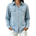 Damen lässige Revers einreihige hellblaue Waschung Denim Langarm Jacke Oberteil Top - S / Oberteil (3409) / Hellblau