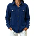 Women's dark blue denim long sleeve jacket casual lapel single breasted button down shirt top - Black Blue