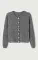 Grey knit cardigan sweater detail showcasing V-neckline and front button closure design. - S / Tops / Gray