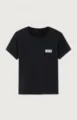 Black short sleeve t-shirt for women, classic round neck design with white letter print detail. - Black