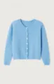 Close-up detailed view of the soft light blue knit cardigan featuring elegant pearl buttons. - S / Tops / Sky Blue