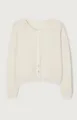 Cozy off-white knitted cardigan with buttons, detail view of casual daily knitwear top. - S / Tops / White