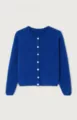 Royal blue round neck knitted cardigan with white buttons, detailed cozy winter sweater view. - S / Tops / Dark Blue