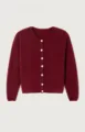 Detailed view of women fuzzy knit cardigan, soft texture and button down front style. - Burgundy