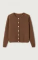Close-up of brown knit cardigan featuring white pearl buttons and soft wool texture. - Brown