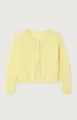 Yellow knit cardigan detail view, crewneck button-down sweater showcasing soft knit texture. - Lemon Yellow