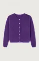 Purple fuzzy knit cardigan detail, long sleeves and front buttons for cozy autumn style. - Purple