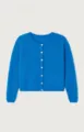 Blue knitted cardigan sweater detail view featuring round neckline and front white buttons. - Sapphire Blue