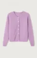 Detailed view of women's knit cardigan showing soft fabric texture and button details. - Violet
