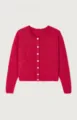 Detailed view of the stylish pink knit cardigan featuring round neck and white buttons. - Dark Red